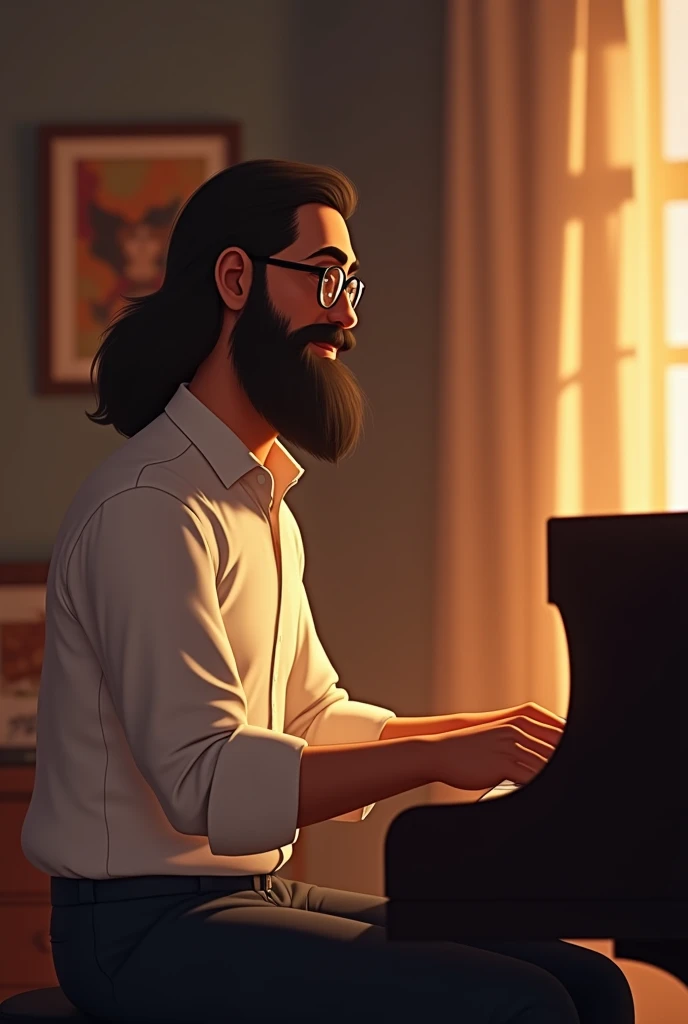 Man with brown skin, little fat, elegant, with beard and glasses and a little long hair, playing the piano animated version