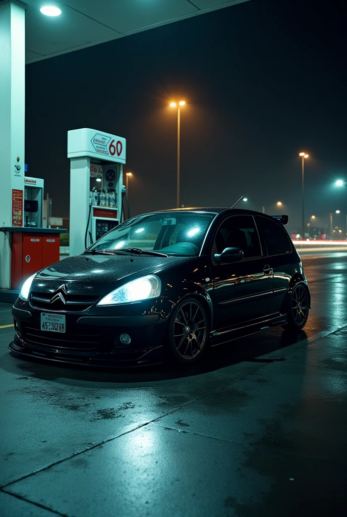 Gas station scene on highway at night, a Citröen car, model c3, year 2005, all black and lowered with headlight on