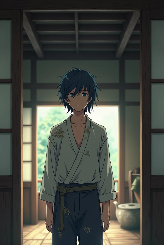 young man with medium long dark blue hair in torn clothes in an anime hut
