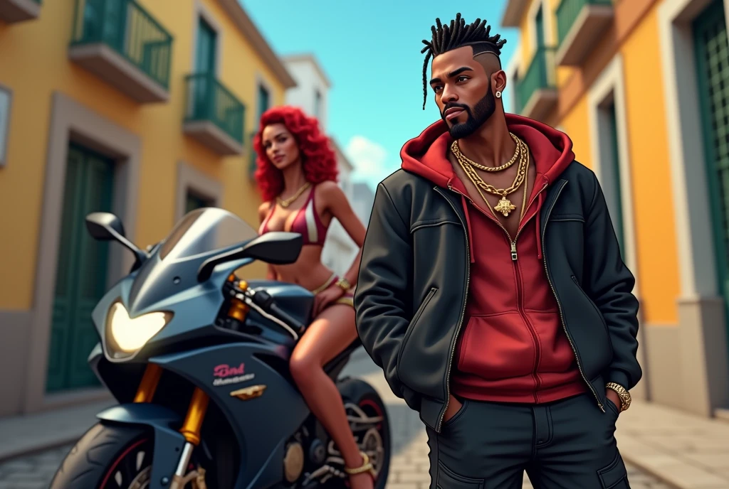 1man puerto rican ((dark skin)) gta style in old san juan beard braids nice edge up gold chains gold esrings full body  portrait((,animation)) hands in pocket urban clothing black and red next to a nice sports motorcycle woth a sexy lady on motorcycle sexy clothing
