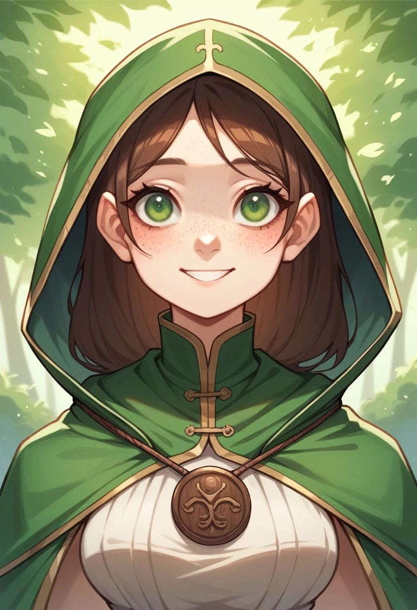 brunette herbalist woman with bangs, round face, freckles, round olive green eyes, thin mouth, large nose, average build, wearing village clothes and a small silver medallion, concentrating on gathering herbs in the forest. Medieval style, heroic fantasy, healer, smiling, cel shading style with more pronounced shadows. Nude, medium breast 