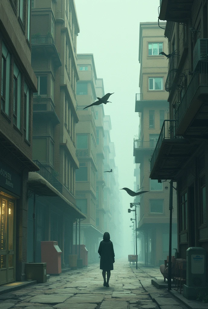 Illustrate a dreamlike urban street where the buildings and objects appear slightly out of place or repetitive, with a character experiencing the sensation of having seen the scene before."