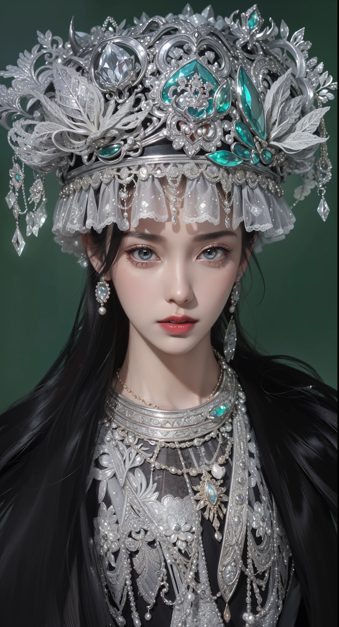 Very detailed, Delicate face, Realistic style, Stock Photography , rich and colorful, Surrealism, Realistic textures, Dramatic Lighting, Distiller 800 (8K, original photo, Better quality, masterpiece: 1.2), Very detailed, (Extremely delicate skin: 1.2), 8K Ultra HD, SLR camera, Soft Light, high quality, 冰冻Queen,Snow Castle,Blue pupils,Apply red lipstick,Queen,Gorgeous clothing, Gold Jewelry,Printed lace,Silk dress,Pearls, diamonds, and gems,Moon Goddess,Silver Diamond Armor,breasts symmetrical,Lace print dress,Intricate tattoo designs,Exquisite and luxurious silver decoration