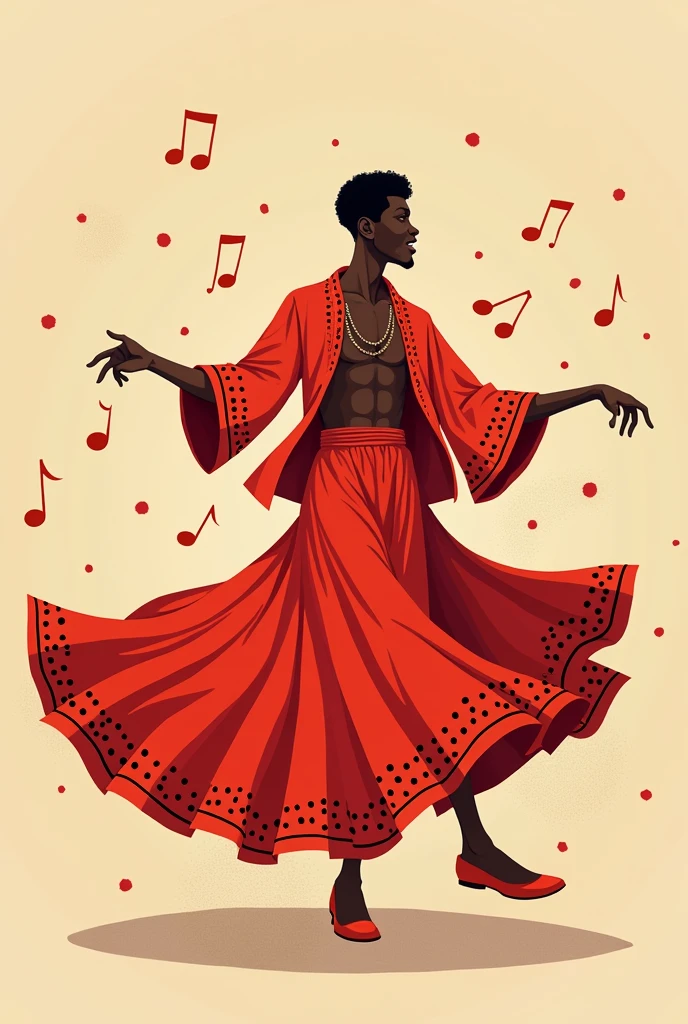 I want to create an illustration where I meet a somewhat African-American man with red clothes and black dots, "dancing celebration", that has fine features, that the illustration is as simple as possible simpler
