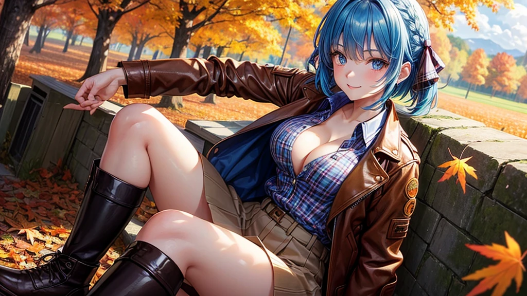 1girl, solo, trees, sun, clouds, autumn, colorful trees, falling leaves, ((blue hair)), short hair, large breasts, ((brown leather jacket)), button down shirt, ((blue checked shirt)), ((unbuttoned shirt)), unbuttoning buttons, ((full cleavage)), blue eyes, long skirt, brown boots, smile, happy, looking at the viewer, walking, upper view, hair ribbon, golden necklate