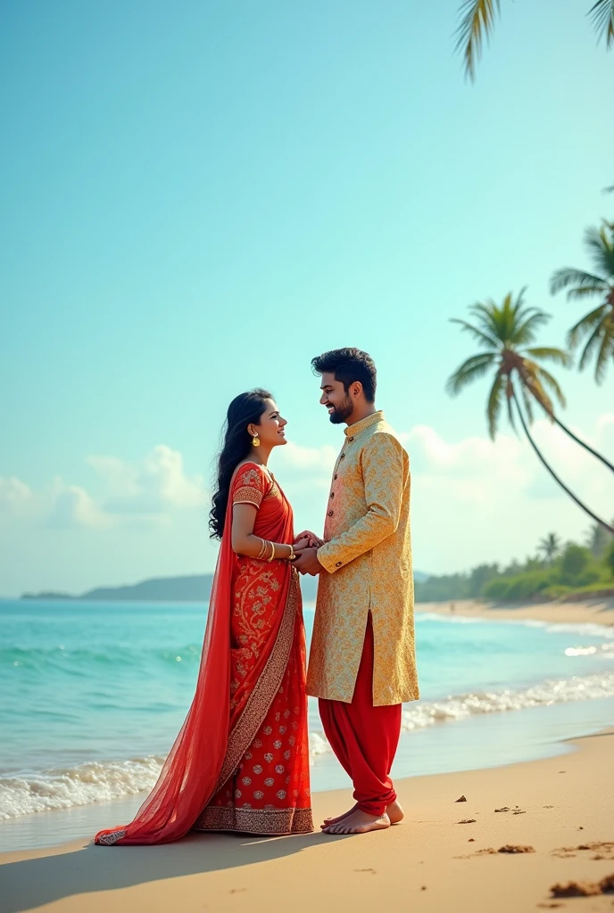 A newly married couple wearing Bangladeshi traditional dress in the sea beach.