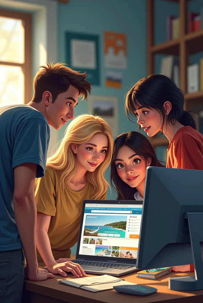 Group of final year university students (two boys and two women; one with blonde hair and the other with black hair) Searching on the internet for a management of places to spend the summer.