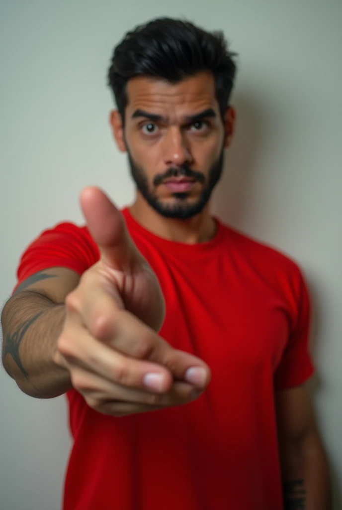 Attractive surprised male makes shush gesture, demnads shut up, wears casual bright red t-shirt, poses against white wall. People, hush, conspiracy, secret concept