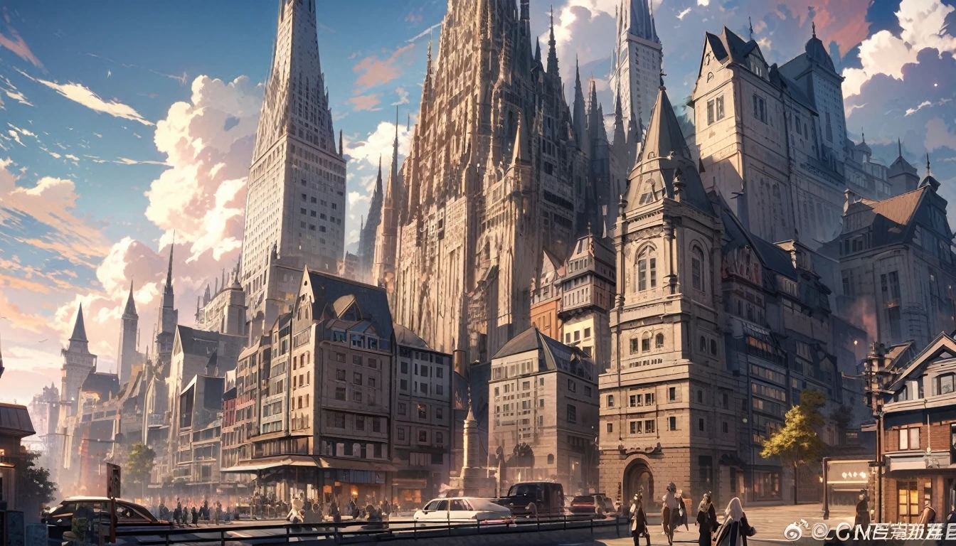 a very big city, metropolitan, very big and high stone tower in the city centre, beautiful wallpaper, cloud