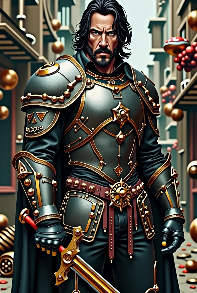 Keanu Reeves wearing steampunk armor carrying a sword