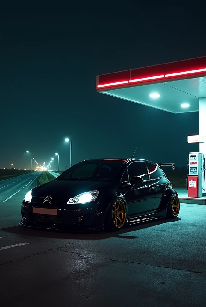 Gas station scene on highway at night, a Citröen car, model c3, year 2005, all black and lowered