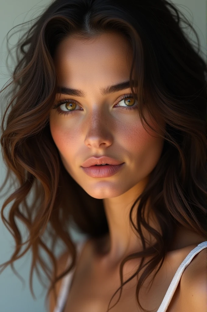 high resolution, masterpiece : 1,2), (realistic : 1,37), (best quality, high resolution, ultra-detailed girl, realistic) Femme de 19 ans aux cheveux mi-ondulés mi-bouclés Marron très foncés ainsi que ses yeux noisette (Marron, orange, amber and green) . She has a slightly tanned complexion..