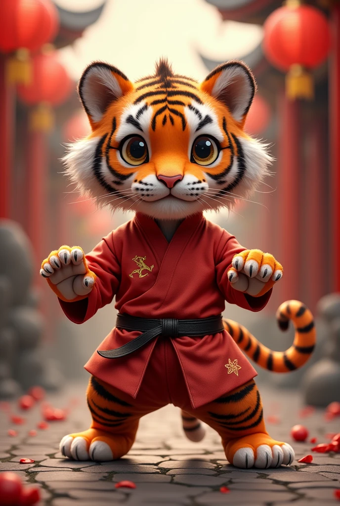 A Ferrari-colored tiger who knows Chinese kung fu,Combat stance,Chinese style,cute style,Realistic and cute,
