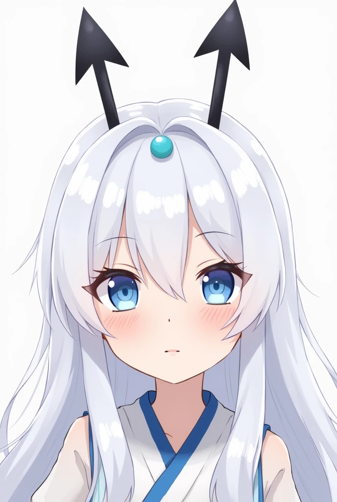 A Japanese anime style girl with long white hair，M-shaped bangs，She has a pair of blue eyes，There are only two black head ornaments on the top of her head that resemble upward arrows.，There is a blue round bead dotted in the middle of the two upward arrows.，There is nothing on her head except two upward arrows.