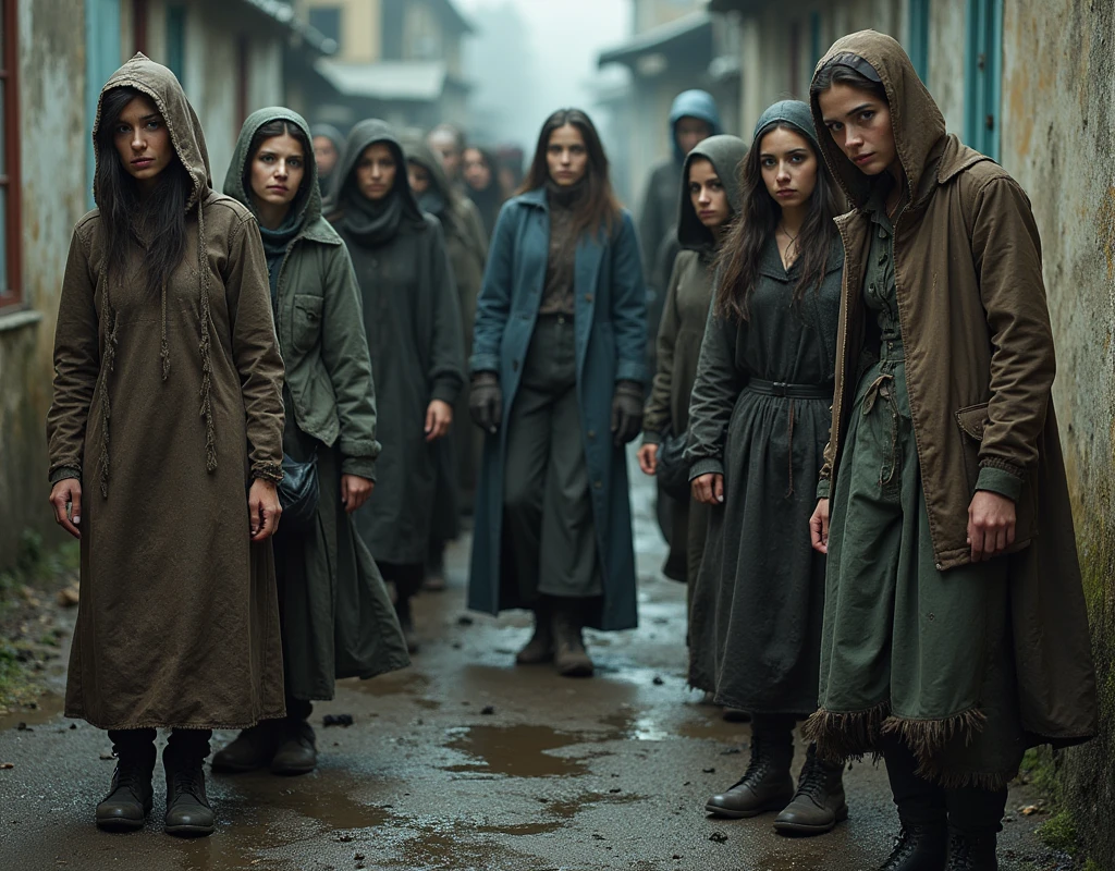A group of homeless caucasian women in torn, dirty and soaked wet clothes, catched in the Sewerage, rats and beetles