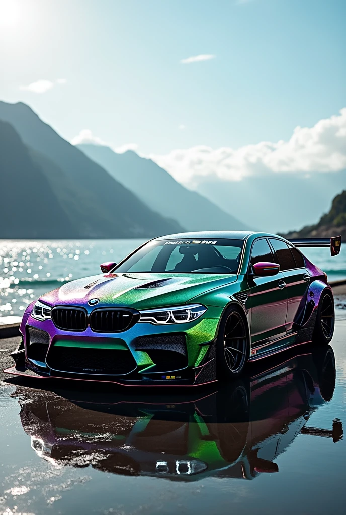 תמונה של מכונית BMW M5 עם כנף המכונית בצבע שחור ירוק וסגול
ברקע ים והרים לשומר מסך