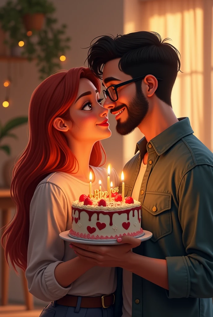 A young white man with very short black beard and glasses holding a birthday cake, and a red head young woman without glasses by his side kissing his cheek 