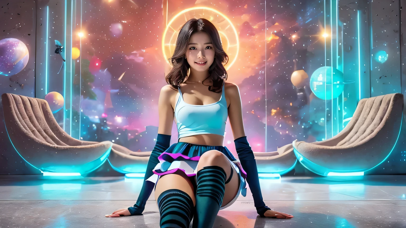 Masterpiece,high resolution,8k,Perfect Face,Perfect body。Smiling woman in futuristic costume 20 years old panties。A realistic live-action Hollywood drama。