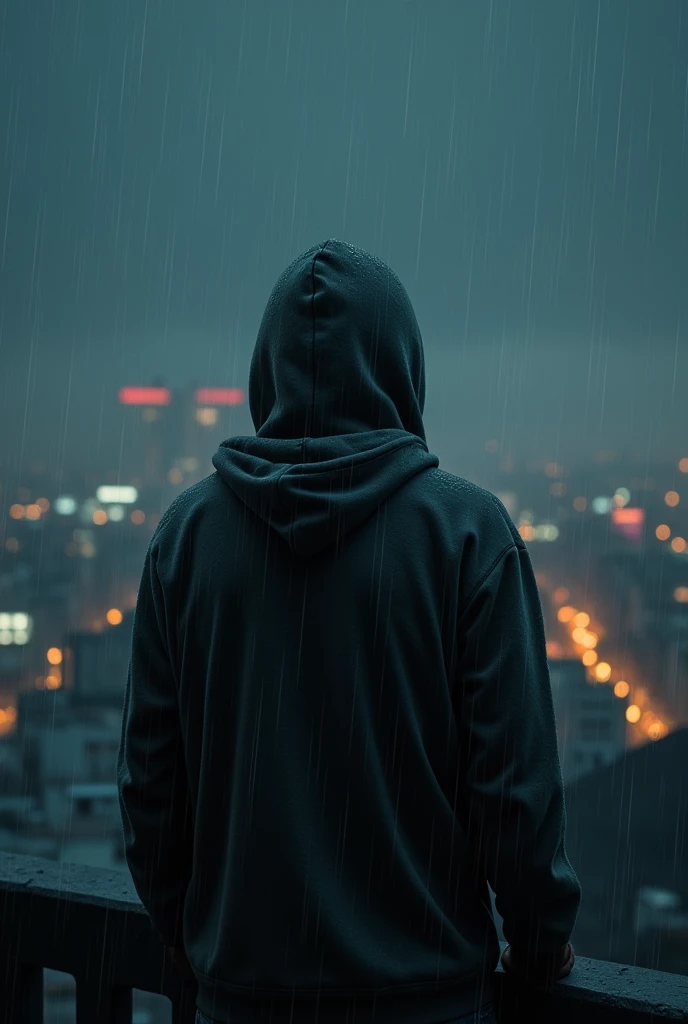 Man wearing a sweatshirt and hoodie looking down at a city on a rainy night 
