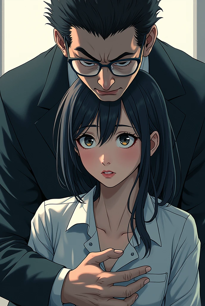 Create a manga with this theme: one of the directors is morally harassing an intern and his coworker knows that this is wrong. 