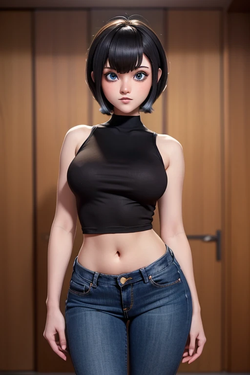 Woman with big blue eyes, smooth skin, detailed face, perfectly eyeliner, bobcut big bust and heavy sleeveless t-shirt fitted to the slim and curvy body, slim waist and wide hips big and shapely legs, cameltoe short jeans,full body portrait1.2, Image 1.2 high resolution 