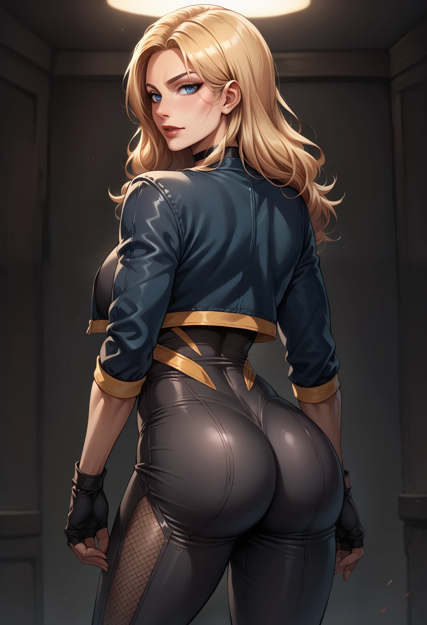 score_9, score_8_up, score_7_up, BREAK, score_9, dinah lance, long hair, blonde hair, blue eyes, choker, cropped jacket, bodysuit, fingerless gloves, pants, looking at viewer, cowboy shot, small ass, from behind, dark room