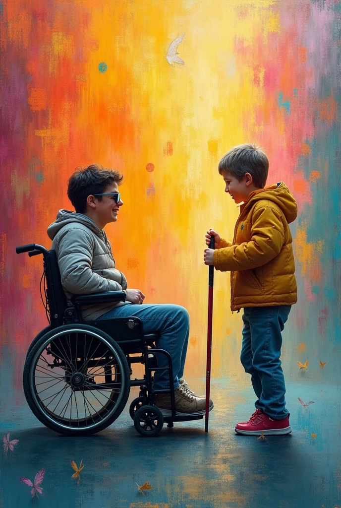 Image representing assistance to people with autism, wheelchair user, blind man with cane, black, mental disorders and giftedness, physically handicapped.