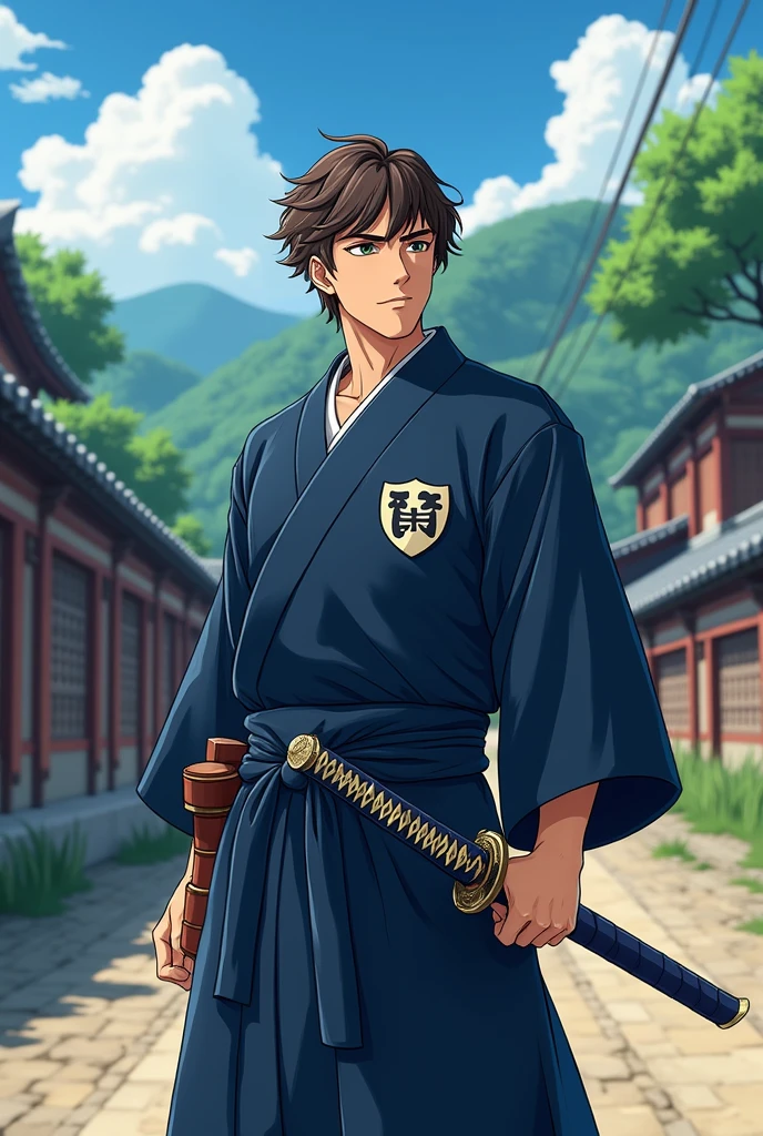 A young adult European man, around 2, short curly brown hair no beard on a road in japan feldal, wearing a navy blue kimono with a shield symbol on the left side of the chest of the garment with a "S" offwhite, carrying Samurai swords, with a brave expression, but nice.

all in anime style.