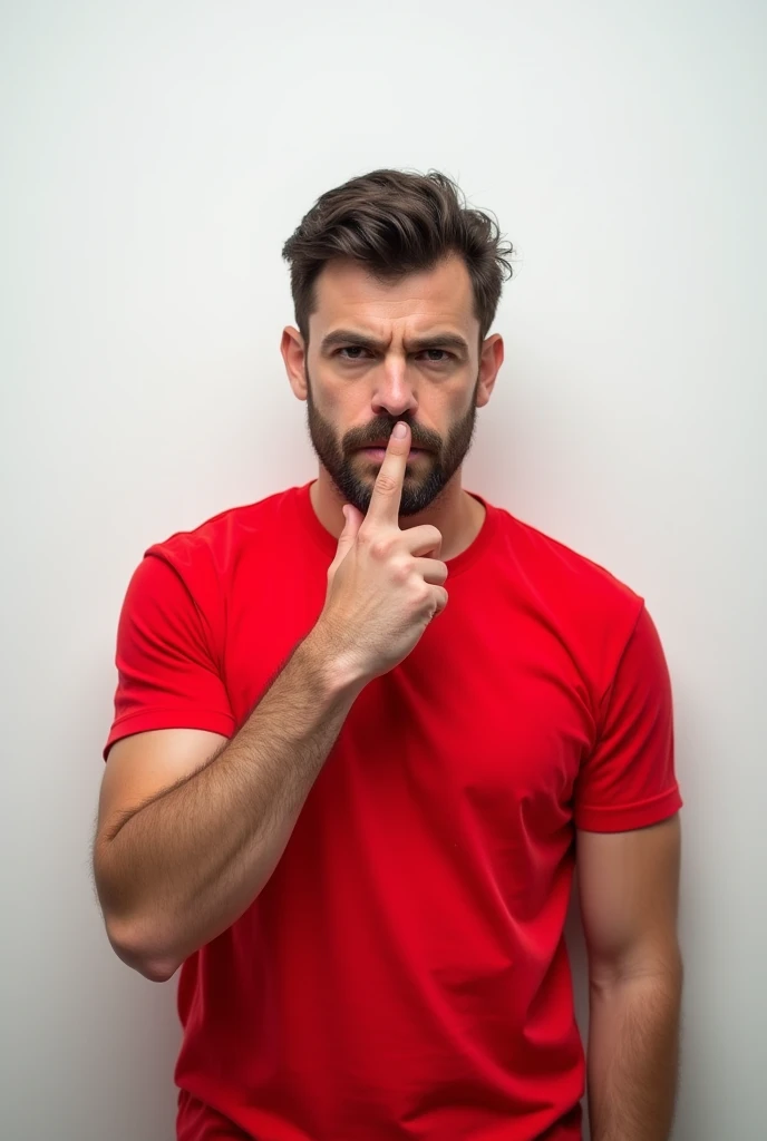 male makes shush gesture, demnads shut up, wears casual bright red t-shirt, poses against white wall. People, hush, conspiracy, secret concept