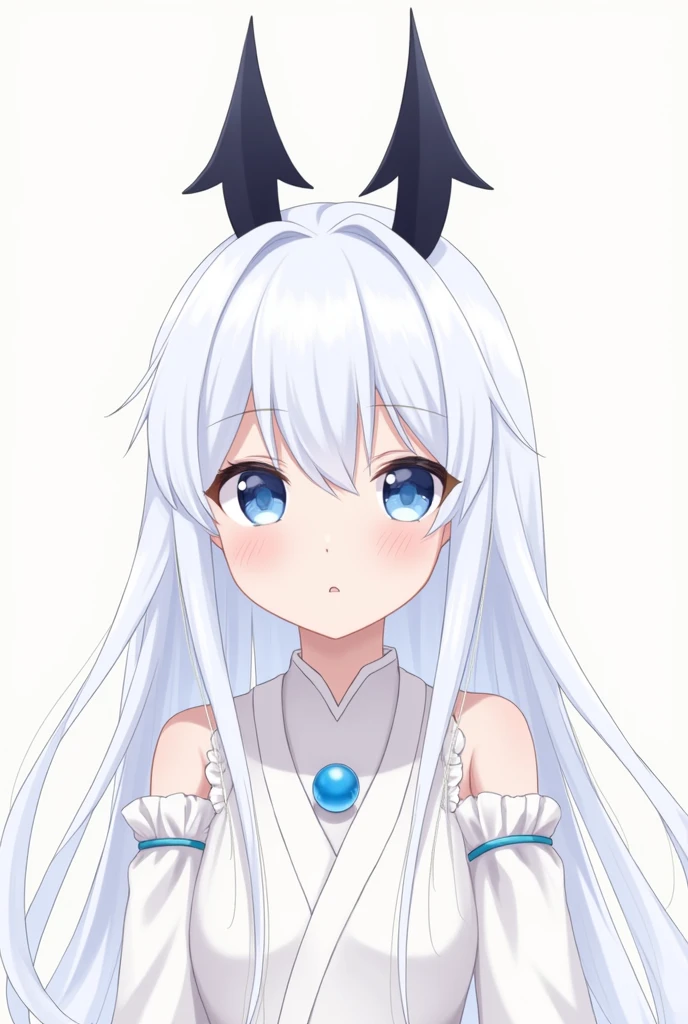 A Japanese anime style girl with long white hair,M-shaped bangs,She has a pair of blue eyes,There are only two black head ornaments on the top of her head that resemble upward arrows.,There is a blue round bead dotted in the middle of the two upward arrows.,There is nothing on her head except two upward arrows.