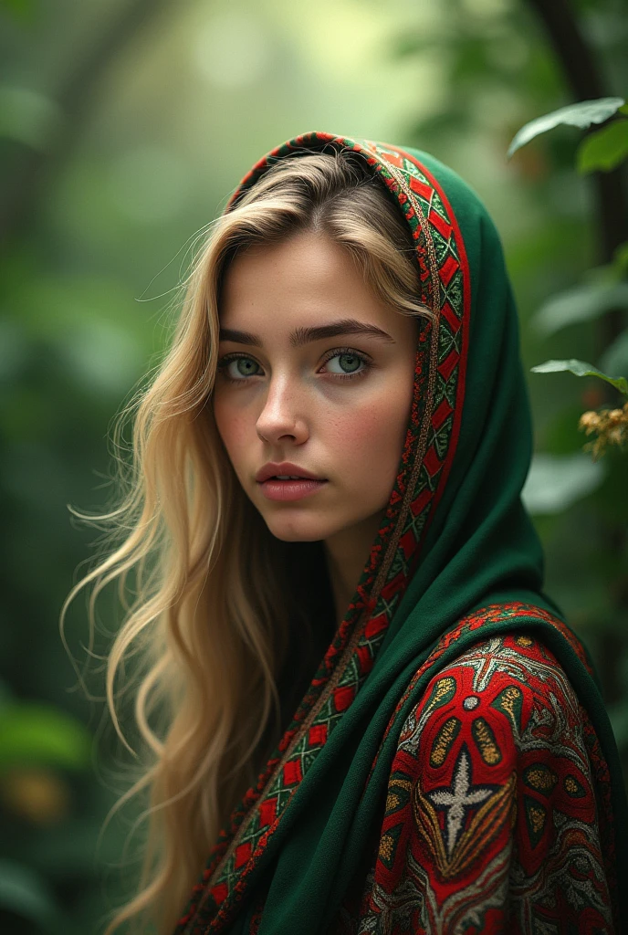 Woman, blonde, wearing Algerian flag hijab, green nature background. Half pictures