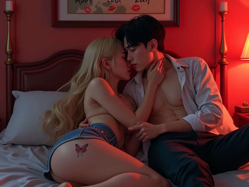 Generate me a realistic photo of an Argentine girl, with good bust blonde straight hair blue eyes with tears in her eyes, short denim shorts a crying butterfly tattoo on the legs of a boy with Korean features jungkook style with not so slanted eyes with a white shirt full of red lipstick kisses and unbuttoned pants with a lip piercing. Both full body and white skin. In a red room on a bed lying down hugging each other and in a picture hanging on the wall that says Azul and Zeth with hearts. humans