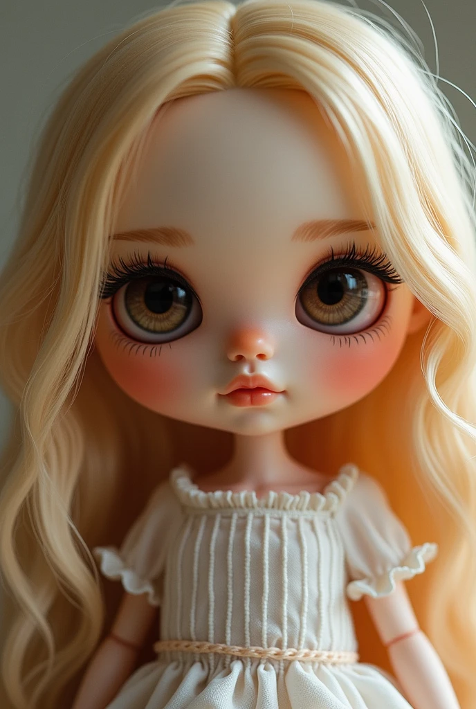 doll blythe, DARK blonde hair, round nose challenge, small fleshy mouth, brown eyes half slanted round, large cilia, without bangs