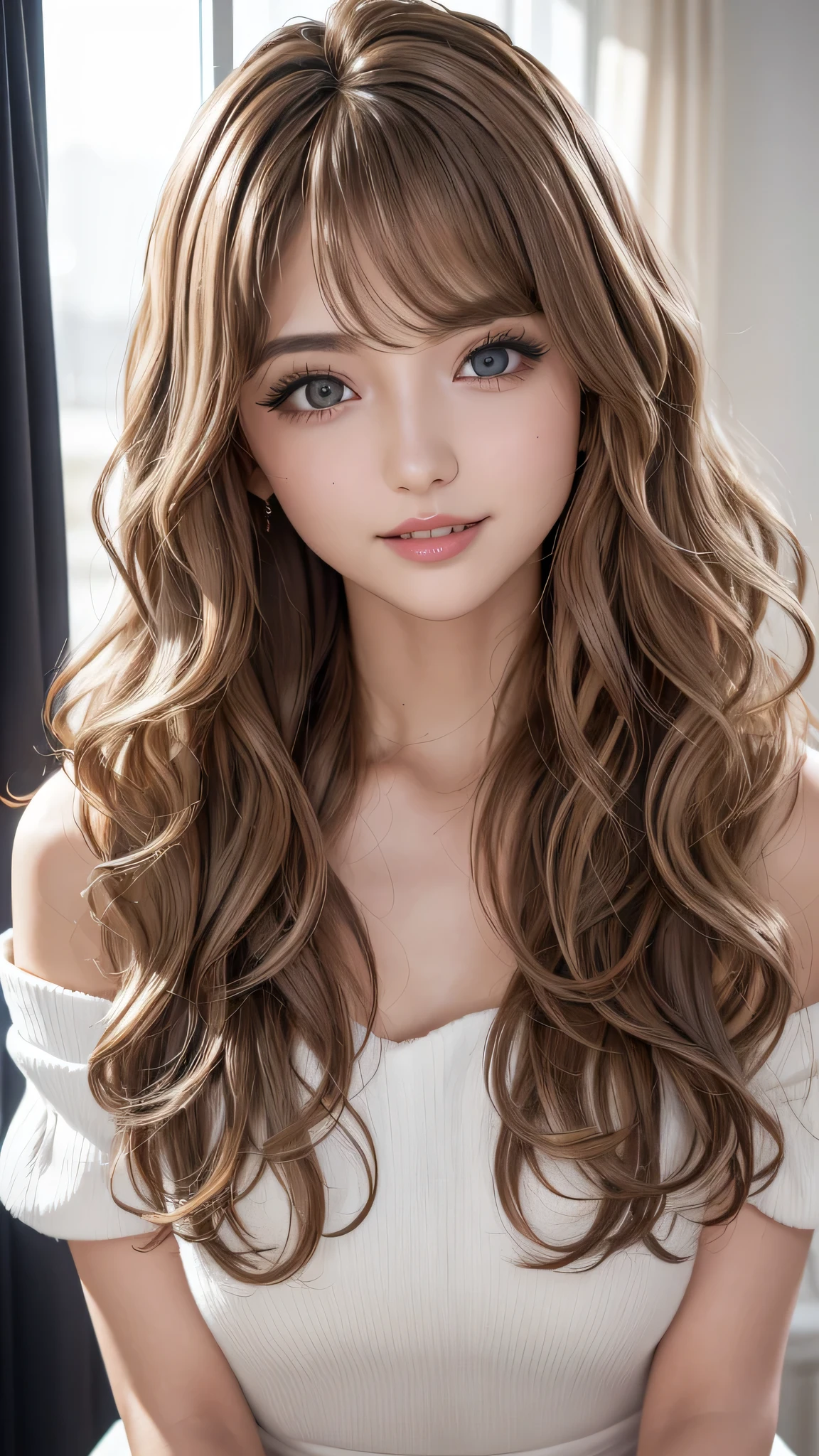 ((Highest quality, Tabletop, Ultra-high resolution、The most complex and detailed depiction))、(Upper body close-up:1.5),(One beautiful woman:1.8)、(Very light brown wavy hair:1.8), (Accurate anatomy:1.1)、Colored contact lenses、Perfect Makeup、Natural Lip、Highly saturated eyeshadow、long and voluminous lashes:1.8、sexy black bra、Micro Mini Skirt、Blurred Background, Look at me and smile、Luxurious Room、(Ultra-high resolution gloss, Fair skin:1.1)、Ultra-high resolutionの顔、Ultra-high resolutionの髪、Ultra-high resolution sparkling eyes、Ultra-high resolution glossy lips、(Brightly lit white skin:1.1)、Beautiful face drawn in every detail、Ultra-high resolution perfect beautiful teeth、whole body, Expose your shoulders:1.8,Front Angle:1.8,Slim figure:1.5,D-cup soft breasts:1.8,Glamorous Body:1.1,Small face:1.3,Medium length hair:1.5,