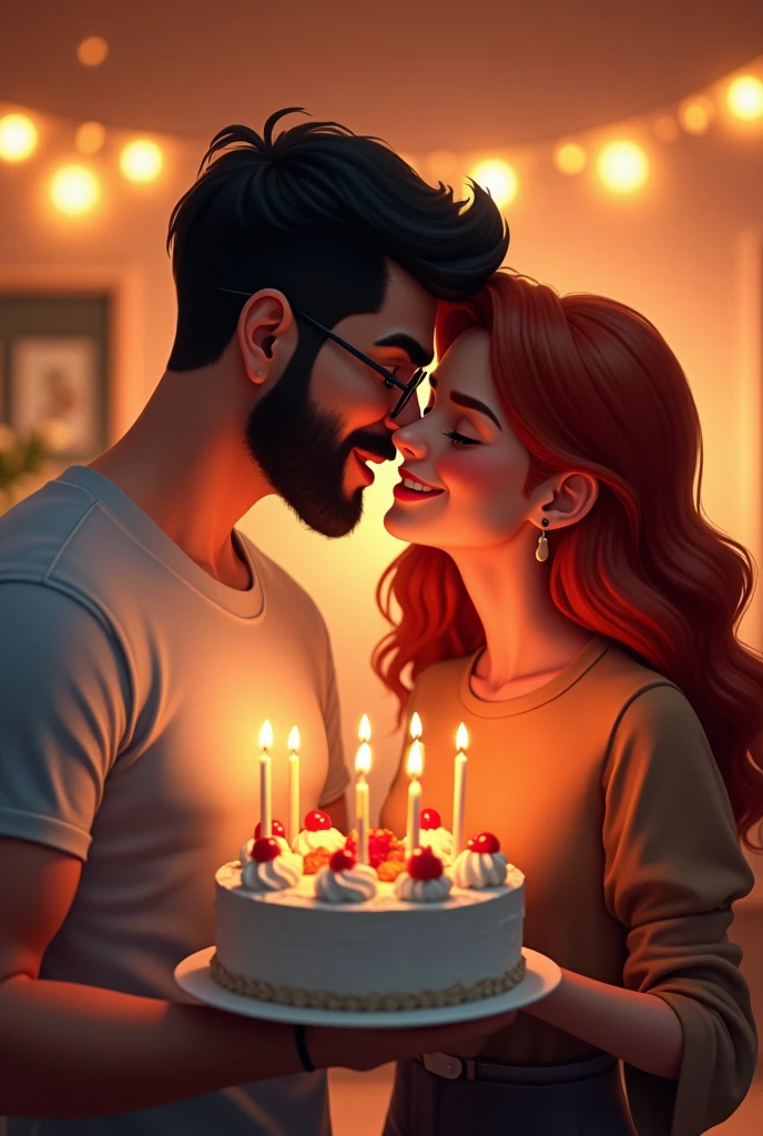 A young white man with very short black beard and glasses holding a birthday cake, and a red head young woman without glasses by his side kissing his cheek 