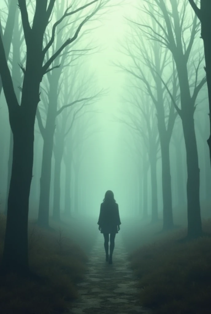 Show a person walking through a foggy forest where the trees and paths seem to blur and repeat, creating a sense of familiarity and disorientation as if they are walking through a memory."