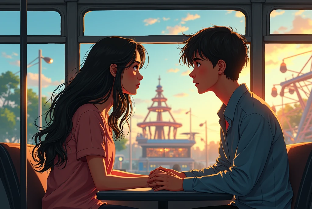 Long hair, 1 girl, looking at a boy through a bus window now the two of them are in a school cafeteria now the two of them are in an amusement park