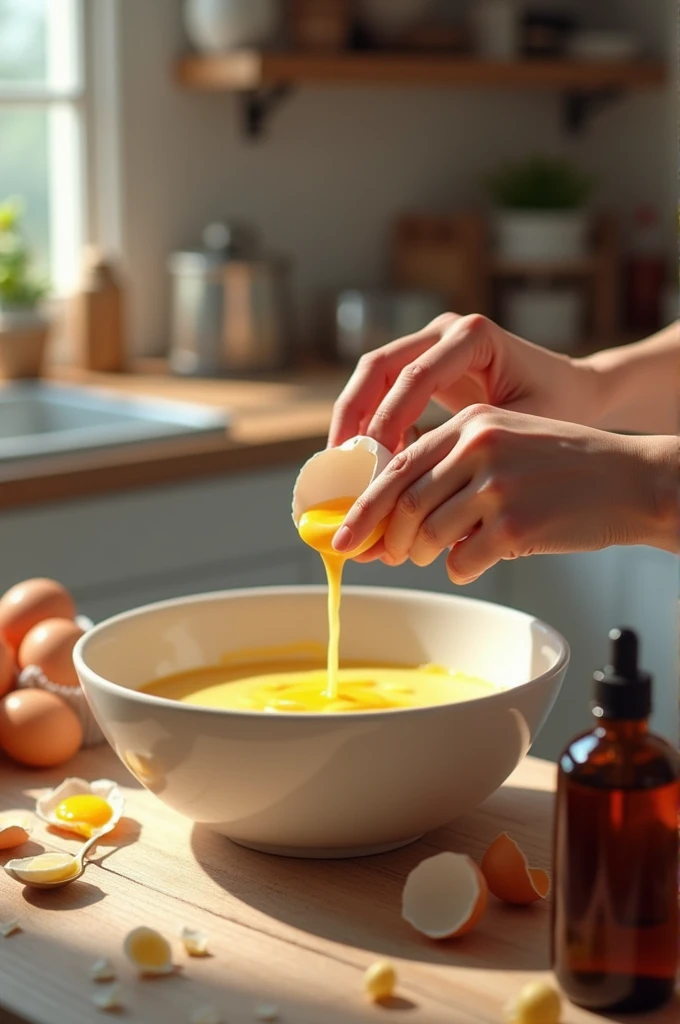 Create an image where eggs and vanilla are added to cook a cupcake