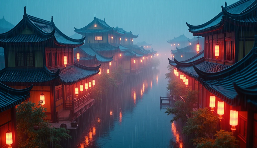arafed view of a village with a lot of lights on the buildings, dreamy chinese town, chinese village, amazing wallpaper, japanese town, japanese village, hyper realistic photo of a town, old asian village, japanese city, by Raymond Han, rainy evening, cyberpunk chinese ancient castle, beautifully lit buildings, at evening during rain, beautiful and aesthetic, photography, cinematic, 8k, high detailed ((Heavy rain)))
