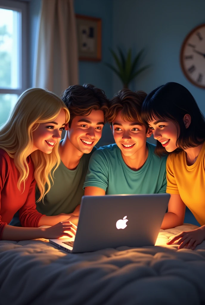Group of final year university students (two men and two women; one with blonde hair and the other with black hair) Searching on the internet for a management of places to spend the summer.