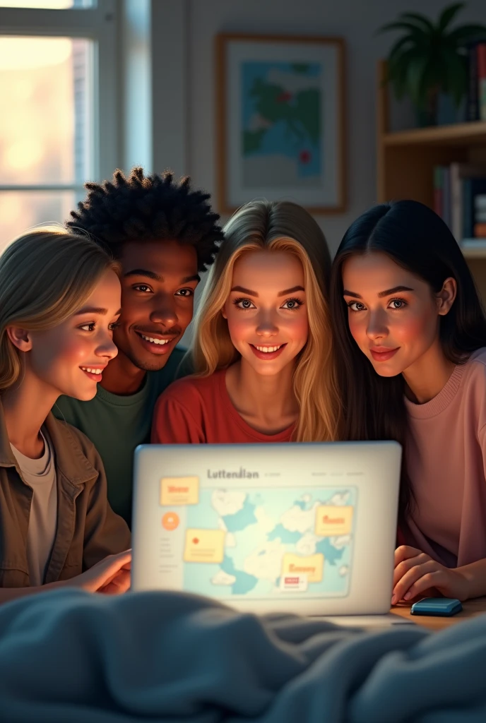 Group of final year university students (two men and two women; one with blonde hair and the other with black hair) Searching on the internet for a management of places to spend the summer.