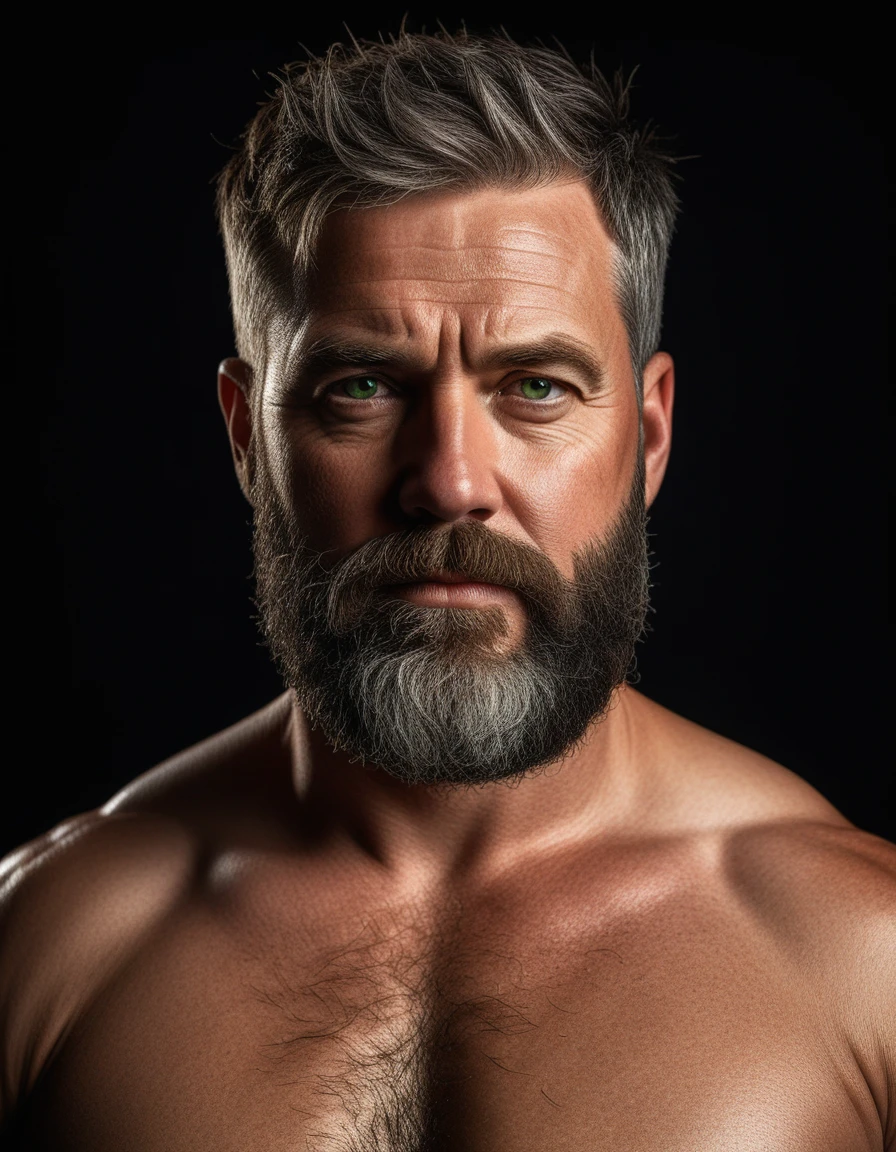 "Capture an 8K, hyperrealistic portrait of a man around 50 years old. He has very short military-style fade haircut, with a rugged beard that gives off a lumberjack vibe. His piercing green eyes gaze directly at the viewer. The very realistic scene shows the man from the chest up, revealing his very realistic heavily hairy chest and the top of his stomach, showcasing a chubby physique. He is shirtless against a deep black background, with a clear, bright studio lighting effect illuminating evenly across his face and body. The image should focus on the intricate details of his facial features, beard texture, and chest hair, rendered in the hiperrealista style. Drawing inspiration from Greg Rutkowski's photography, maintain a high level of realism while highlighting the man's rugged and natural appearance."