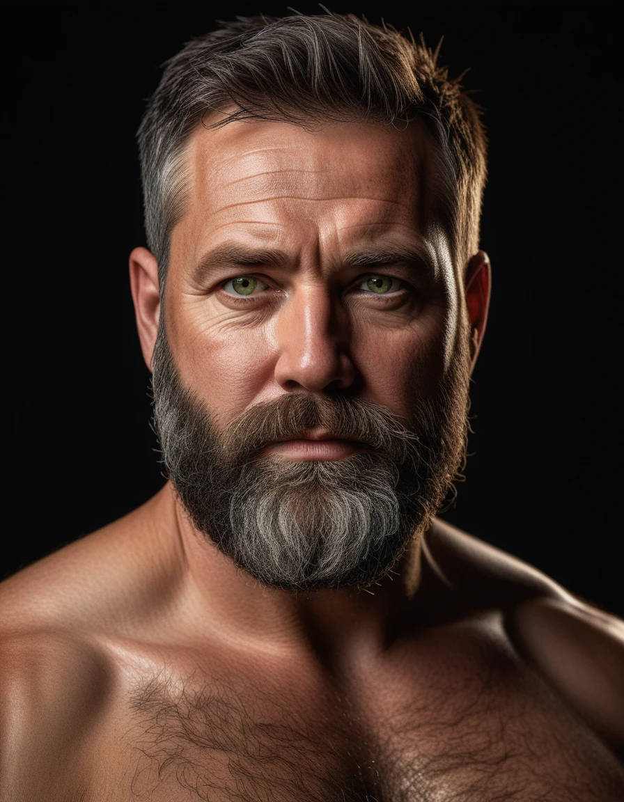 "Capture an 8K, hyperrealistic portrait of a man around 50 years old. He has very short military-style fade haircut, with a rugged beard that gives off a lumberjack vibe. His piercing green eyes gaze directly at the viewer. The very realistic scene shows the man from the chest up, revealing his very realistic heavily hairy chest and the top of his stomach, showcasing a chubby physique. He is shirtless against a deep black background, with a clear, bright studio lighting effect illuminating evenly across his face and body. The image should focus on the intricate details of his facial features, beard texture, and chest hair, rendered in the hiperrealista style. Drawing inspiration from Greg Rutkowski's photography, maintain a high level of realism while highlighting the man's rugged and natural appearance."