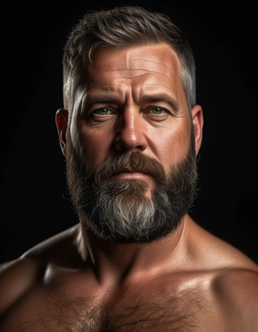 "Capture an 8K, hyperrealistic portrait of a man around 50 years old. He has very short military-style fade haircut, with a rugged beard that gives off a lumberjack vibe. His piercing green eyes gaze directly at the viewer. The very realistic scene shows the man from the chest up, revealing his very realistic heavily hairy chest and the top of his stomach, showcasing a chubby physique. He is shirtless against a deep black background, with a clear, bright studio lighting effect illuminating evenly across his face and body. The image should focus on the intricate details of his facial features, beard texture, and chest hair, rendered in the hiperrealista style. Drawing inspiration from Greg Rutkowski's photography, maintain a high level of realism while highlighting the man's rugged and natural appearance."