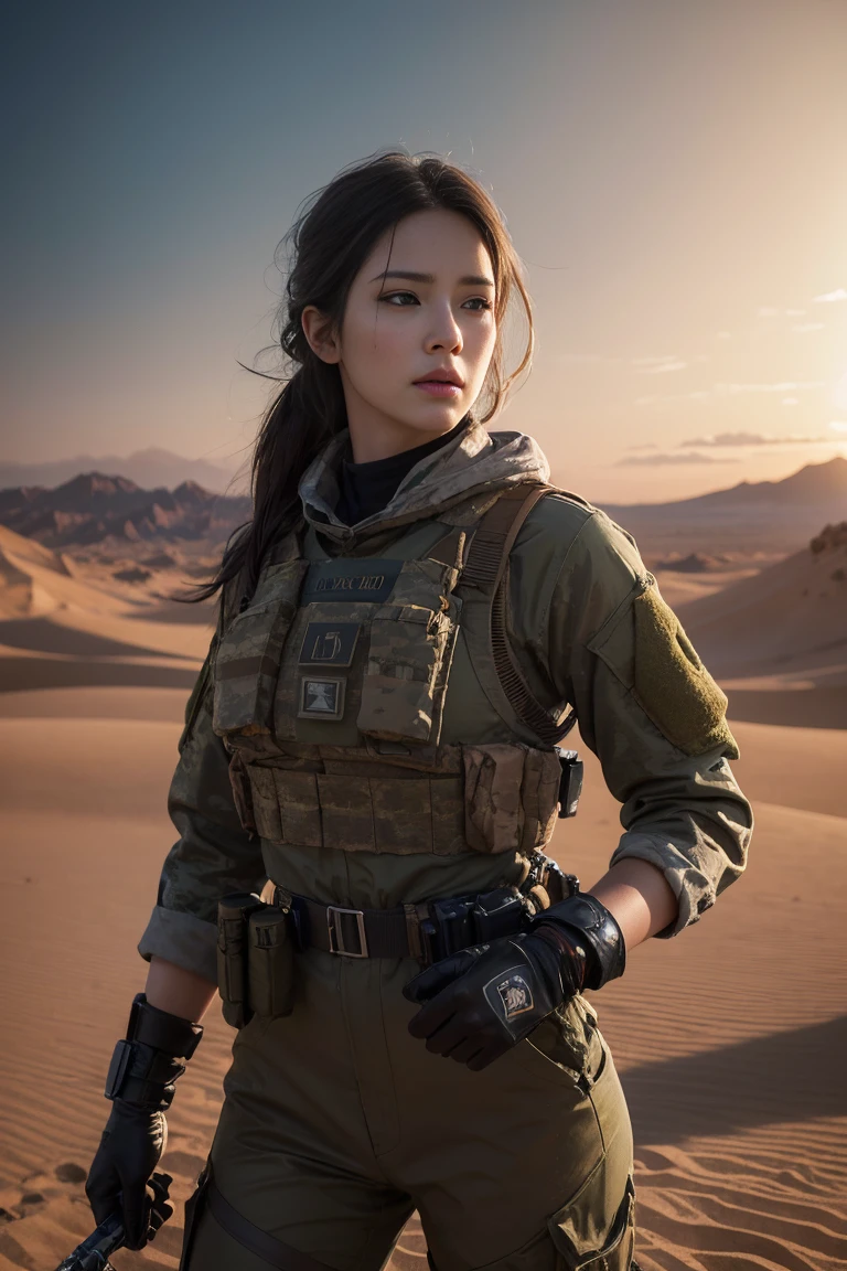 The image is a digital artwork depicting a female soldier in a desert landscape with a volcanic eruption. Caucasian woman, highly detailed, extremely detailed, photorealistic, high detail, wallpaper award, winning hyper realistic, ultra detailed, high definition, crisp quality, Ultra realistic. RAW photo, high quality, detail, virtual photographer, photo mode, elegant, high detail, digital painting, concept art, HDR, CGI, by Jeremy Lipking, by Katsuhiro Otomo, by Raymond Swanland, by Antonio Manzanedo