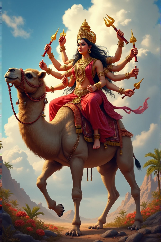 Hindu God maa durga setting camel realistic image and colorful and beautiful background 