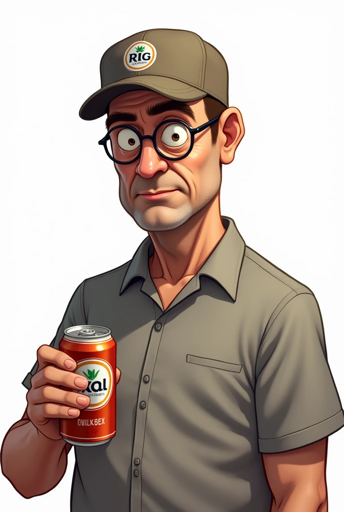 a 60 year old bald man, brown hair, with round glasses and a plain cap with the RG logo, white background, looking towards the center, em cartoon, serious and holding a beer can with the Skoll logo, He doesn't have a beard!