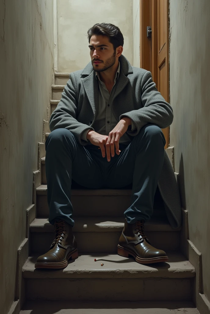 It was a one apartment building in turkey . He was sitting on the top staircase, dressed in a long gray coat, relaxed. One boot was placed on the lower step and the other on the step below that. With his back against the wall and a burning cigar between his fingers, he was a very fair, handsome 30-year-old Turkish boy. Create image