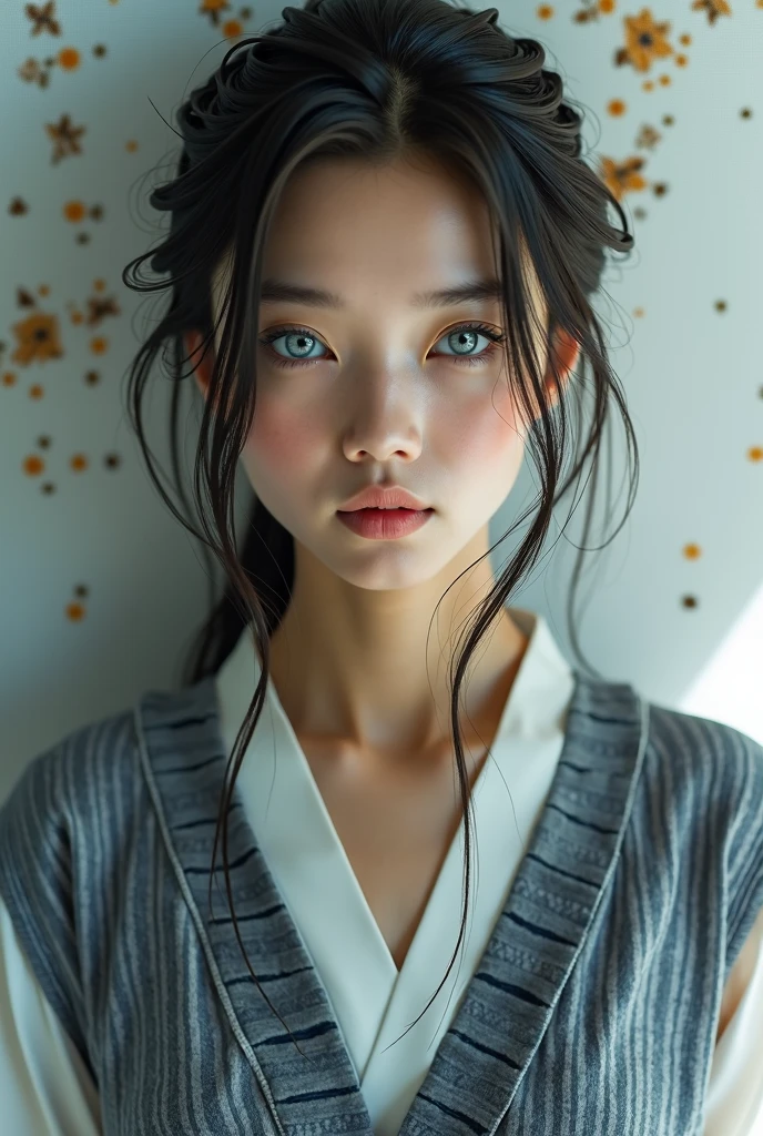 Editorial photography,Super detailed background,super realistic,double exposure,depth of field,beauty super slim,soft focus tone,acrylic paint,Wabi-sabi,very long straight brunette hair tied back, portrait facing the camera close up, grey blue eyes, Asian from Kyoto, passport photo