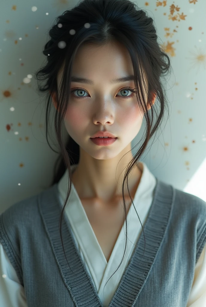 Editorial photography,Super detailed background,super realistic,double exposure,depth of field,beauty super slim,soft focus tone,acrylic paint,Wabi-sabi,very long straight brunette hair tied back, portrait facing the camera close up, grey blue eyes, Asian from Kyoto, passport photo
